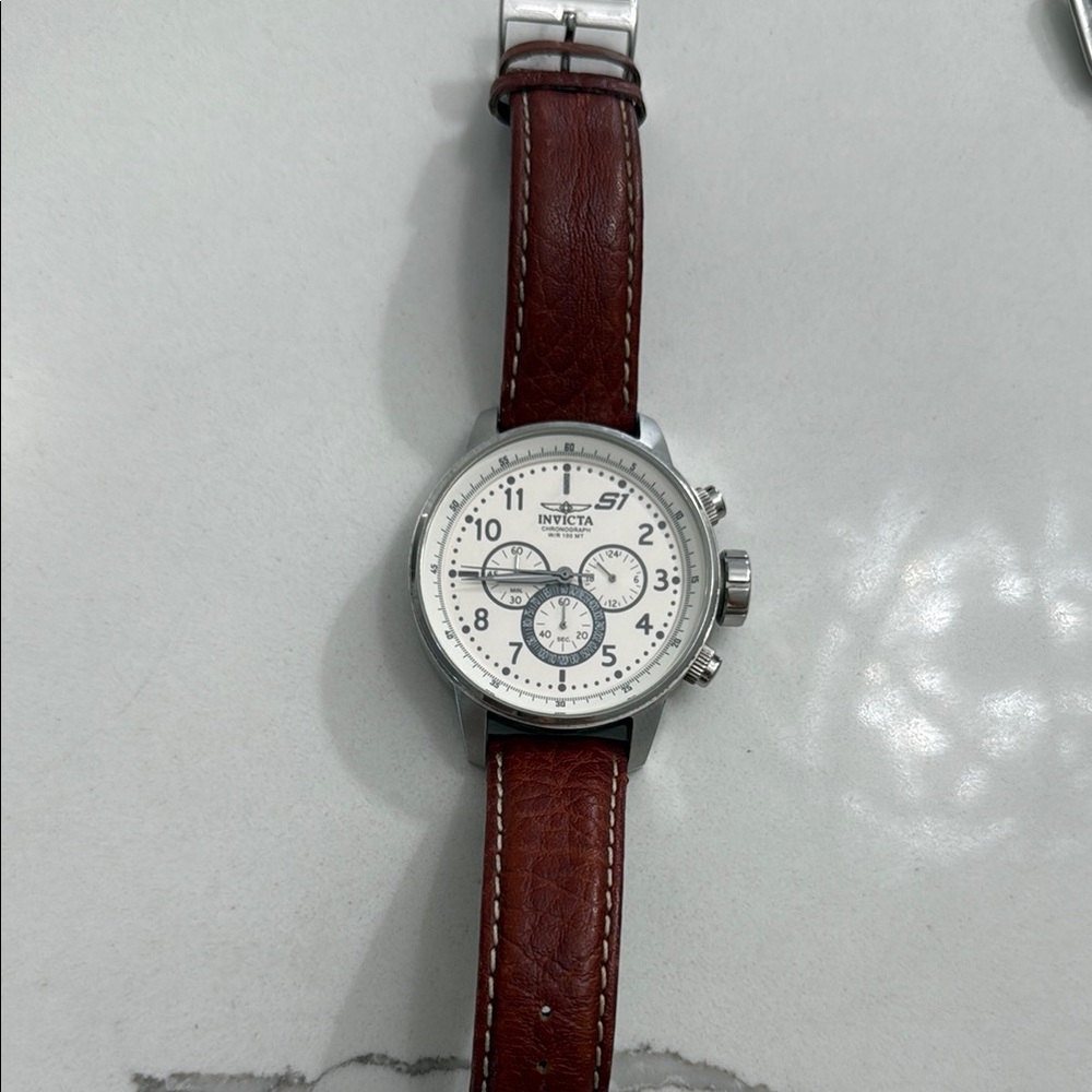 Invicta Men's Watch with Brown Leather Strap and White Dial